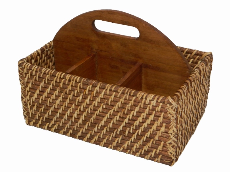 Premium Handwoven Rattan and Bamboo Utensil Holder with Divided Compartments and Carry Handle